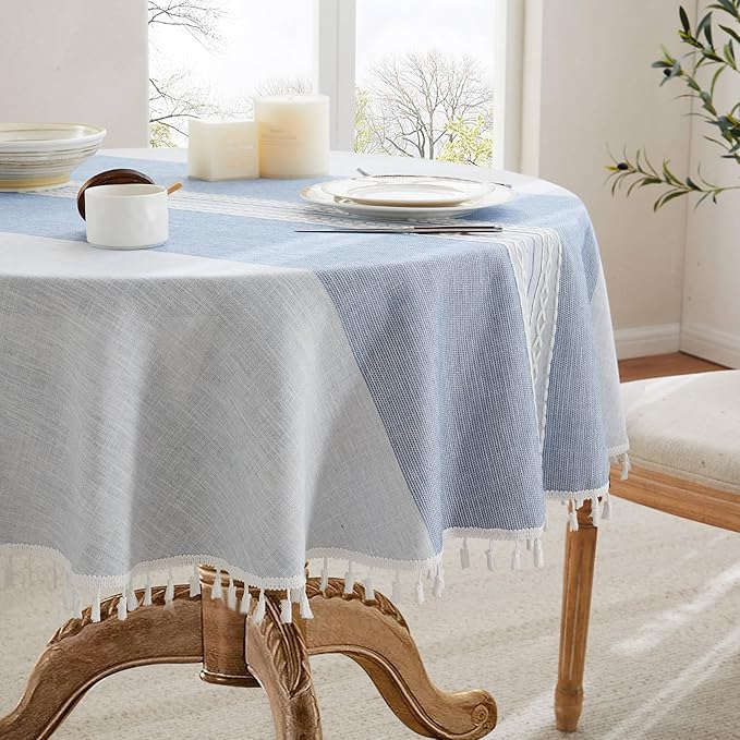 ZeeMart Contrast Linen Round Tablecloth 60 Inch Mid-Stripe Blue, Farmhouse Style Round Table Cloth Heavy Weight Dusty Blue Tablecloths, Water Resistant Burlap Table Cloths