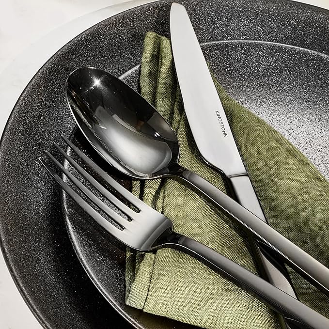 KINGSTONE Black Silverware Set, 40-Piece Flatware Cutlery Set Premium Stainless Steel, Service for 8, for Kitchen, Home, Wedding, Party, Mirror Polished and Dishwasher Safe