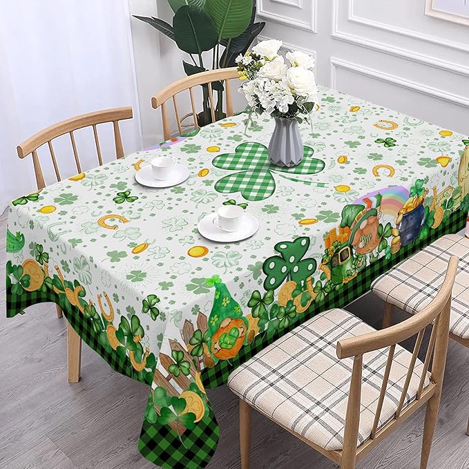 St Patricks Day Tablecloth, St Patricks Table Cloth Rectangle 60 x 104 with Shamrock Gnome, Saint Patricks Day Oblong Tablecloth Buffalo Check Plaid Kitchen Table Cover for Dining Room Indoor Decor
