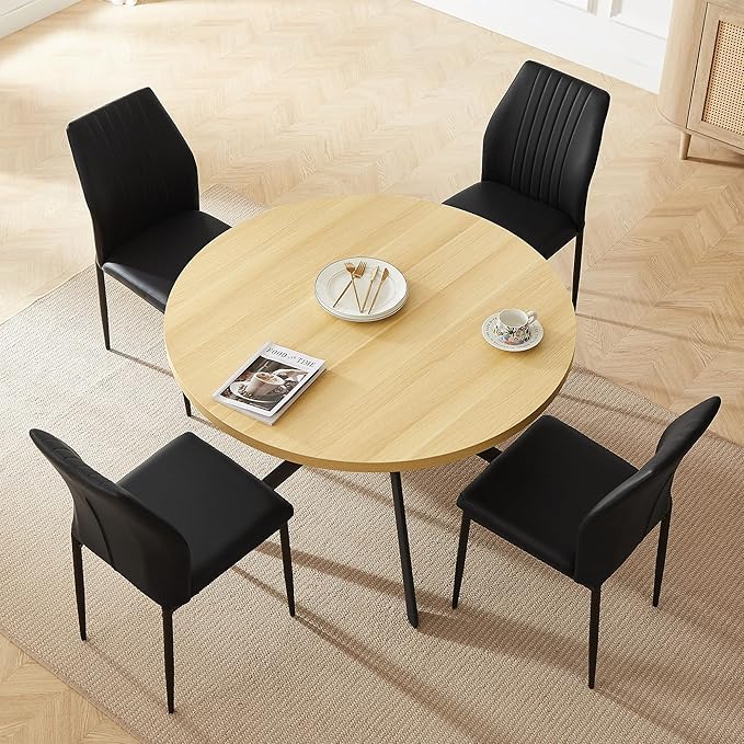 45.3 Inch Round Dining Table Set for 4, Mid Century Modern Coffee Set for Dining Room Kitchen Apartment (Cream Table + 4 Black Chairs)