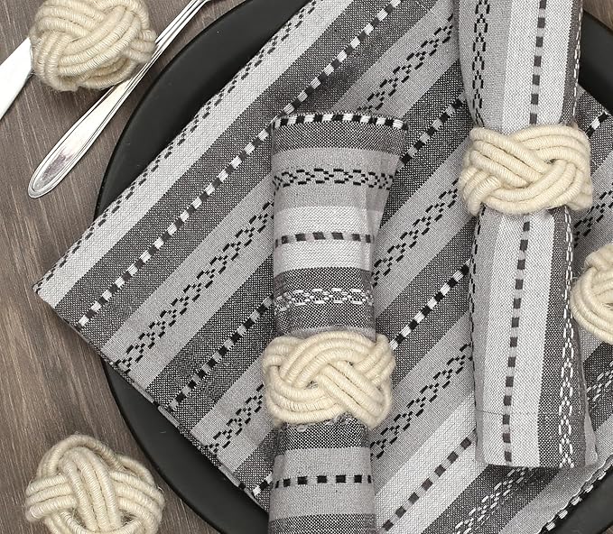 CLEENTABLE Farmhouse Napkin Ring Set of 12 - Handwoven Cotton & Jute Knot Design for Table Decor, Weddings, Dinner Parties & Everyday Dining - Decorative Adornment for Table Setting (Off White)