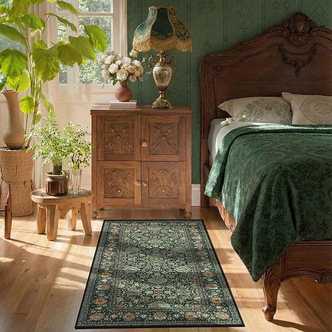 Dark Green Runner Rug 2x4 Rugs Boho Small Washable Runner Rugs for Entryway Bathroom Kitchen, Small Rugs Soft Low Pile Non-Slip Rubber Backing Oriental Door Mat