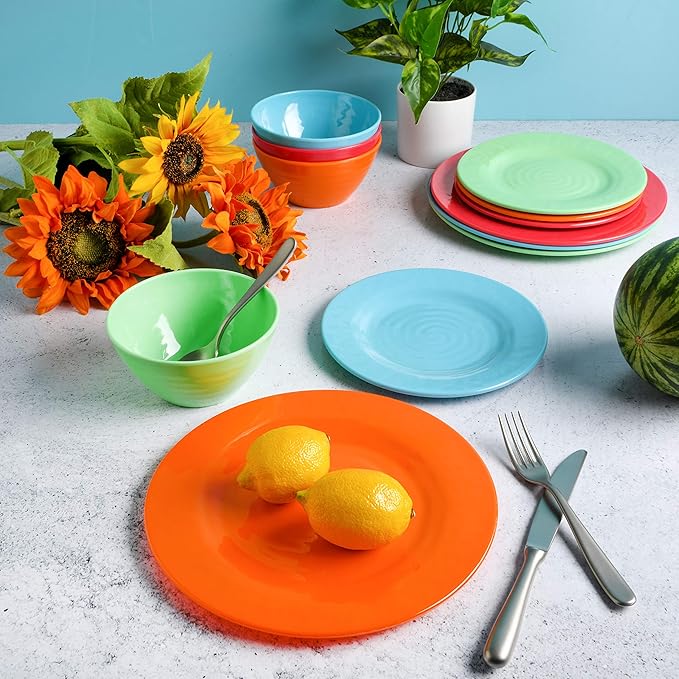 Gibson Home Brist Melamine Plastic Dinnerware Set, Service for Four (12pcs), Assorted II
