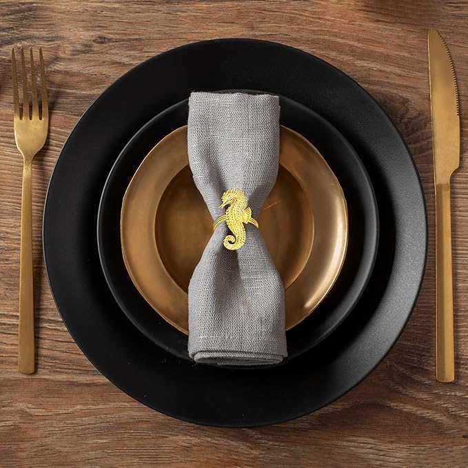 Decozen Set of 8 Gold Napkin Rings in Sea Horse Design, Festive, Table Decor Setting for Holiday, Wedding, Birthday, Kitchen, Home Decor, Housewarming Gift - Mothers Day Decorations