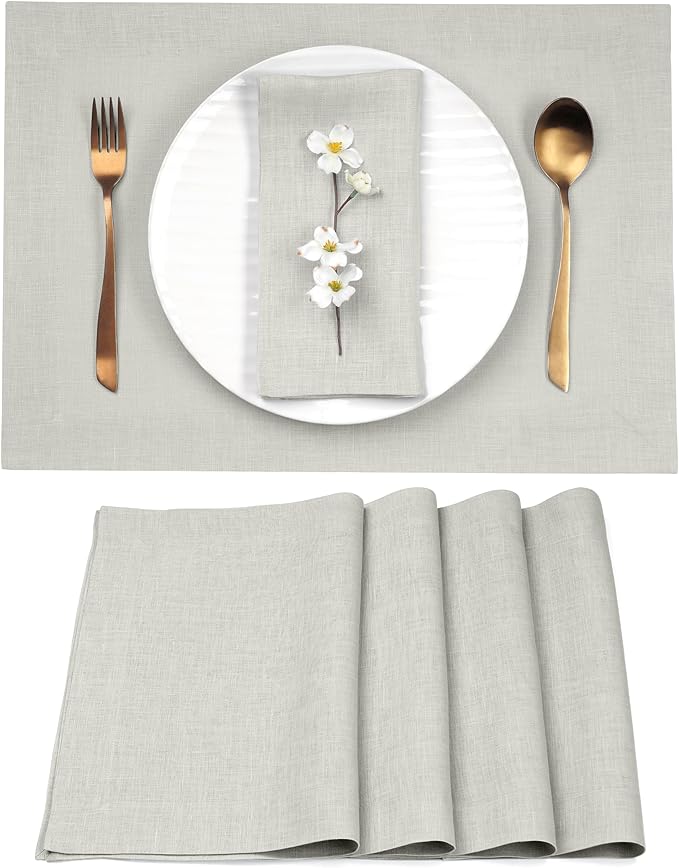 D'Moksha Homes Linen Placemats 14 x 19 Inch - Silver Grey Placemats Set of 4-100% Pure Linen Table Place Mats for Spring, Easter - Handcrafted and Machine Washable