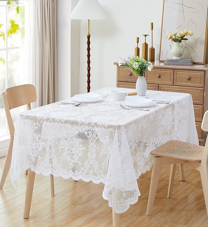 Warm Home Designs 60 x 60 Square Tablecloth with English Rose Design. Use Lace Square Table Cloth as Lace Tablecloth for Card Table or Small Dining Table. White Tablecloth for 4 Guests. LTC White 60"
