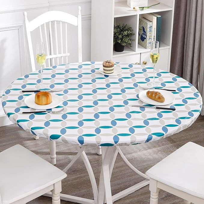 Walrus Round Vinyl Fitted Tablecloth with Flannel Backing Elastic Edge Design Table Cover Waterproof Oil-Proof PVC Table Cloth Stain-Resistant Best for 32"-36" Round
