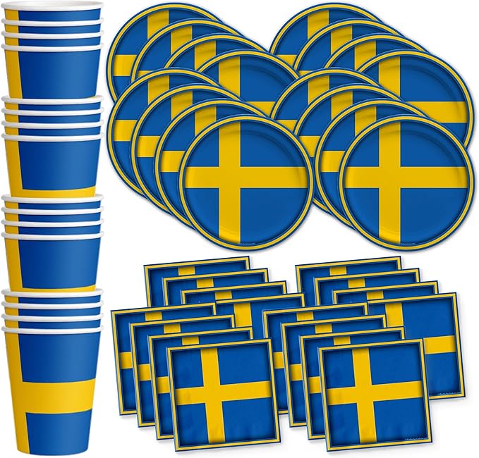 Swedish Flag Birthday Party Supplies Set Plates Napkins Cups Tableware Kit for 16