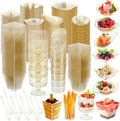 Tessco for you 1600 Pcs Mini Appetizer Plates Dessert Cups with Spoons Forks Set Assorted Shape Plastic Parfait Cups Dessert Plates Container Bowls with Disposable Spoon Fork for Party(Gold Glitter)