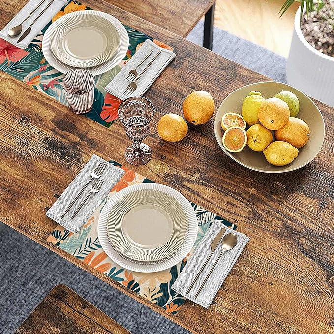 Tropical Floral 12x18 Inch Placemats Set of 6 - Orange Waterproof, Non-Slip & Washable Table Mats for Kitchen & Dining Table Placemats