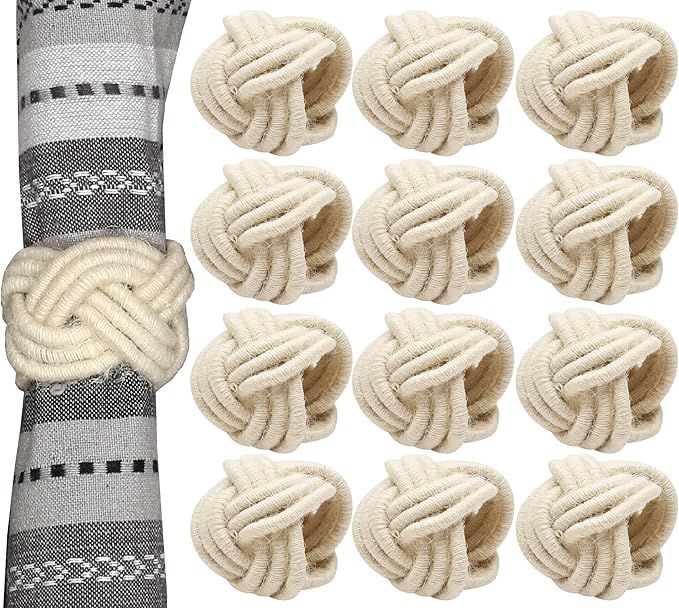 CLEENTABLE Farmhouse Napkin Ring Set of 12 - Handwoven Cotton & Jute Knot Design for Table Decor, Weddings, Dinner Parties & Everyday Dining - Decorative Adornment for Table Setting (Off White)
