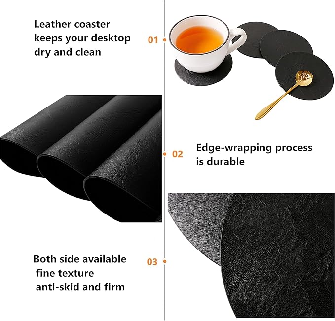 Set of 6 Embossed PU Leather Placemats, Waterproof Coffee Coasters, Kitchen Table Mats, Easy to Wipe Off for Dining Round Table