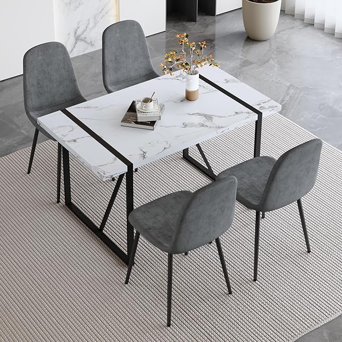 Modern 55'' Grey Wood Dining Table Set - Kitchen Table and Chairs Set of 4, Ideal for Dining Room