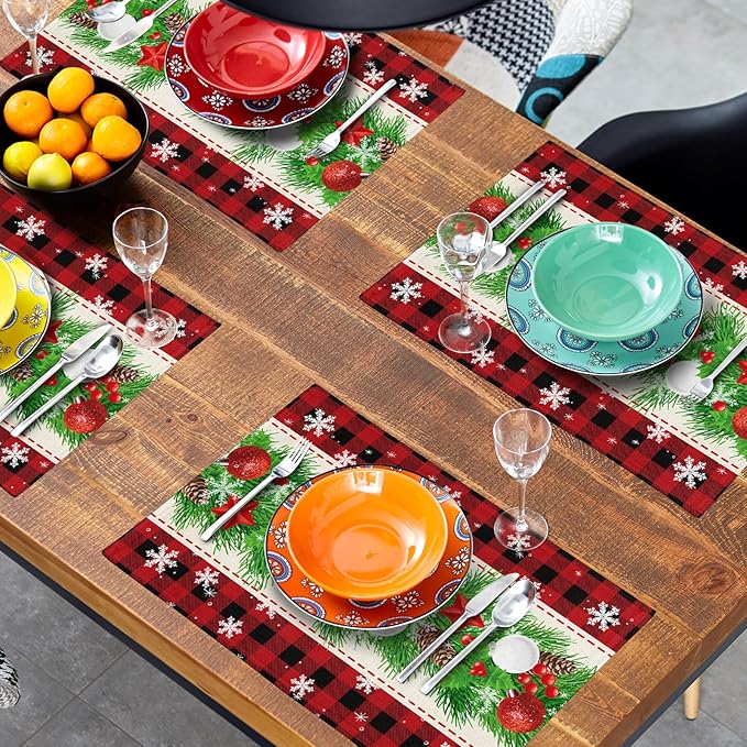 Christmas Placemats Set of 4 - Xmas Bells Place Mat 12x18 Inch Buffalo Plaid Pinecone Table Mat for Party Kitchen Dining Home Holiday Party Decor