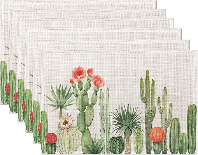 Placemats,Cactus Succulent Greenery Flower Placemats 12x18 Inch Waterproof Non-Slip Washable Table Mats for Kitchen Dining Party Table Decor,Set of 6