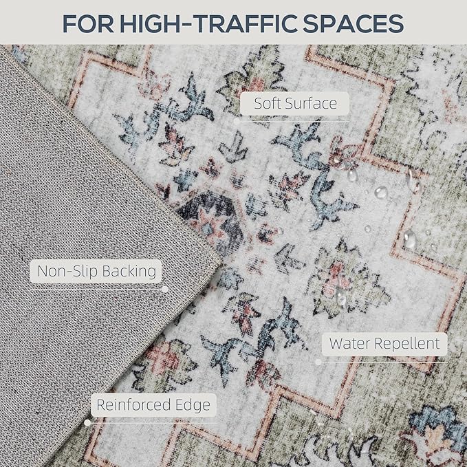 HOMCOM Washable Area Rug, 4'x6' Vintage Indoor Distressed Carpet, Retro Floor Cover Foldable, Floral Print Mat for Living Room, Bedroom, Dining Room, Brown and Green