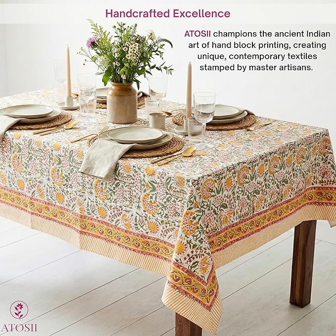 ATOSII Clover Yellow 100% Cotton Rectangle Fall Tablecloth, Handblock Floral Print Linen Table Cloth for Kitchen Dining I Parties, Outdoors, Christmas, Thanksgiving I 72 X 108 Inches I 8 Seater