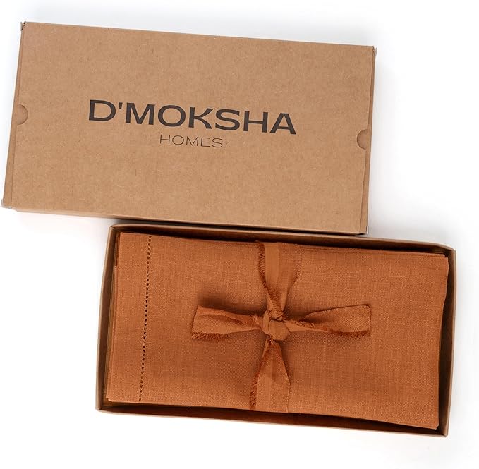 D'Moksha Homes Rust Linen Napkins Set of 8 - Classic Hemstitch 100% Pure Linen Hemstitch Dinner Napkins 20 x 20 Inch for Spring, Easter - Handcrafted and Machine Washable