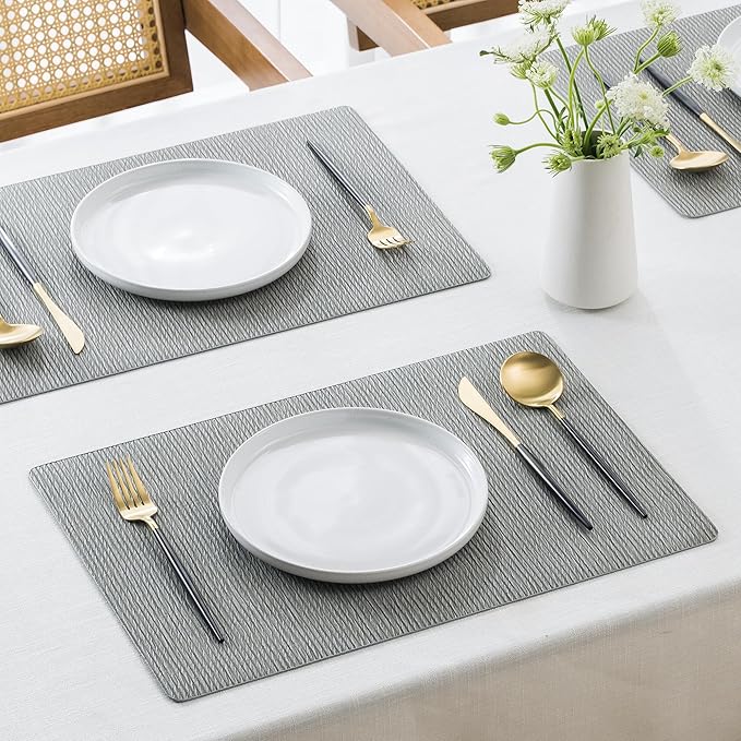 Jovono Faux Leather Placemats Set of 8, Waterproof Washable Table Mats, Easy-Clean Heat Resistant Kitchen Vinyl Place Mat for Dining Table, Restaurant, Indoor, 17.8"x11.8", Light Gray