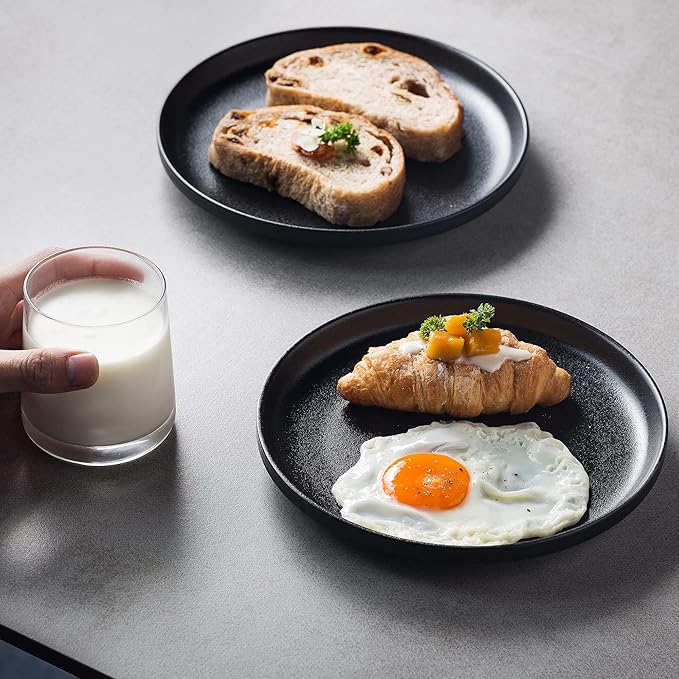 Ceramic Flat Plates Set of 4-8 in - The Dessert, Salad, Appetizer, Small Lunch, etc Plate. Microwave, Oven, and Dishwasher Safe, Scratch Resistant. Kitchen Porcelain Dish-Matte Black