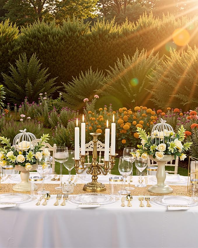 Nervure 100Pcs Clear and Gold Plastic Plates - Heavyweight Gold Disposable Plates - Plastic Plates Include 50Pcs 10.25inch Dinner Plate & 50Pcs 7.5inch Dessert Plate for Wedding & Party & Thanksgiving
