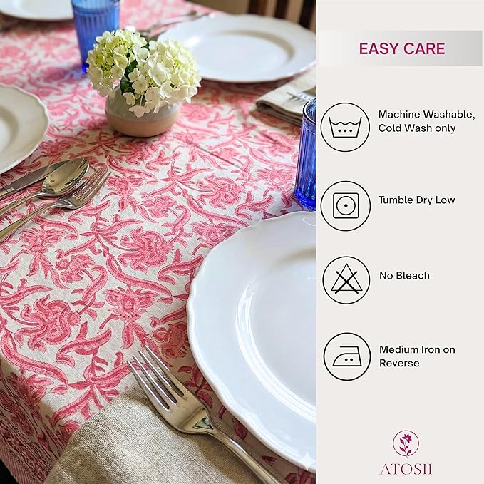 ATOSII Red Bloom 100% Cotton Rectangle Tablecloth, Block Print Floral Linen Table Cloth for Dining Parties Outdoors Weddings Holidays I 72 X 108 Inches, 8 Seater, Summer Farmhouse Grandmillennial