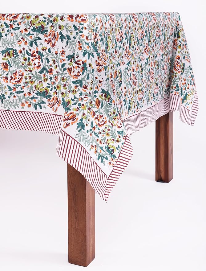 ATOSII Ambrosia Green 100% Cotton Square Fall Tablecloth, Handblock Floral Print Linen Table Cloth for Kitchen Dining I Weddings, Outdoors, Christmas, Thanksgiving Fall Decor 60 X 60 Inches I 4 Seater