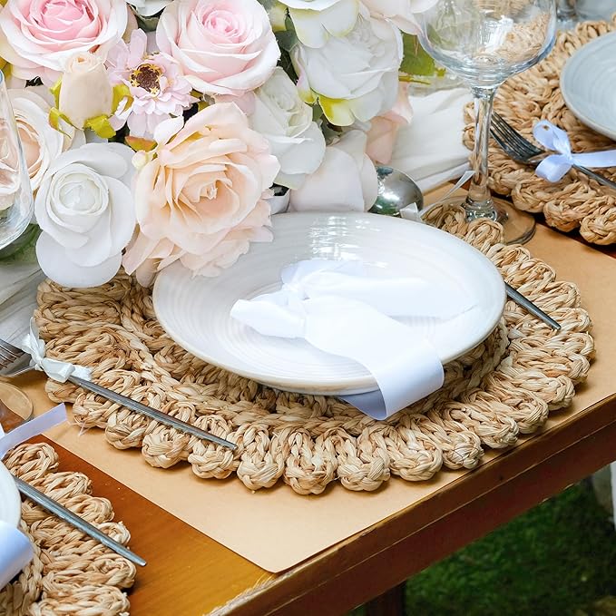 13.8" Corn Husk Woven Round Placemats Set of 8 - Wicker Boho Farmhouse Placemats - Rattan Table Mats Like Water Hyacinth for Dining Table, Wedding, Home