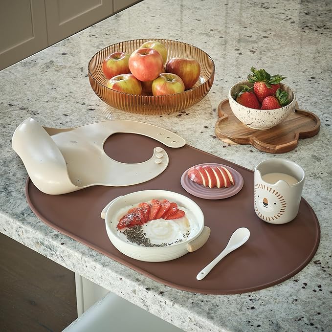 LINE+ARC Waterproof, Stain-Resistant, Heat-Safe Silicone Degrē Placemats (20.5x13, Set of 2 Sage) 3mm-High Rim Adults Babies Easy-to-Clean Washable Oval Modern Non-Slip Large Table Mats