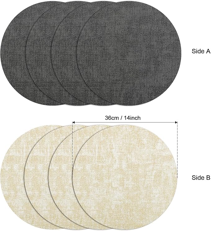 Myir JUN Round Placemats Dual Sided, Faux Leather Place Mats Set of 4 Indoor Placemats for Dining Table Outdoor Placemats Non-Slip Washable Table Mats (Set of 8, Gray Cream)