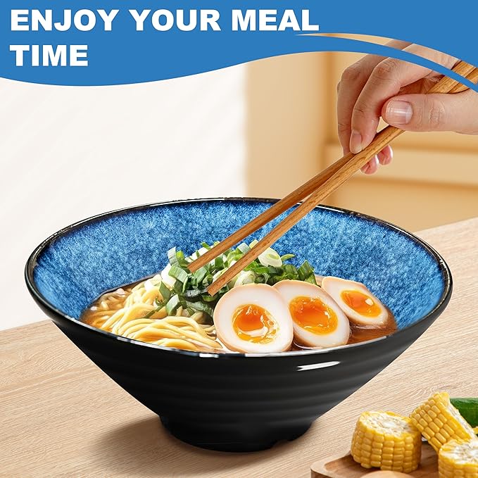8-Inch 2 Sets Ceramic Ramen Bowl (8 Piece) - Japanese Porcelain Dishwasher Microwave Safe Salad Noodles Cereal Pasta Soup Large Bowls with Chopsticks Forks Spoons for Men Women Housewarming Gift