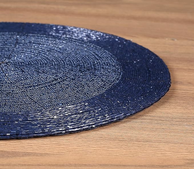 Lightnpro Farmhouse Beaded Placemats Set of 4 - Round Table Chargers - Decorative Handmade Beaded Placemats by Skilled Artisans - Elegant Table Décor for Dining & Special Occasions - 13 Inch Navy