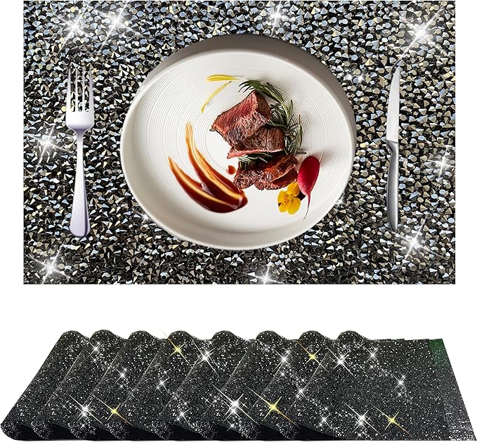 Black Placemats Heat Resistant Square Mat Set of 8 - Dark Trivets With Rhinestone Decor, Crushed Diamond Bling Sparkly Place Mat