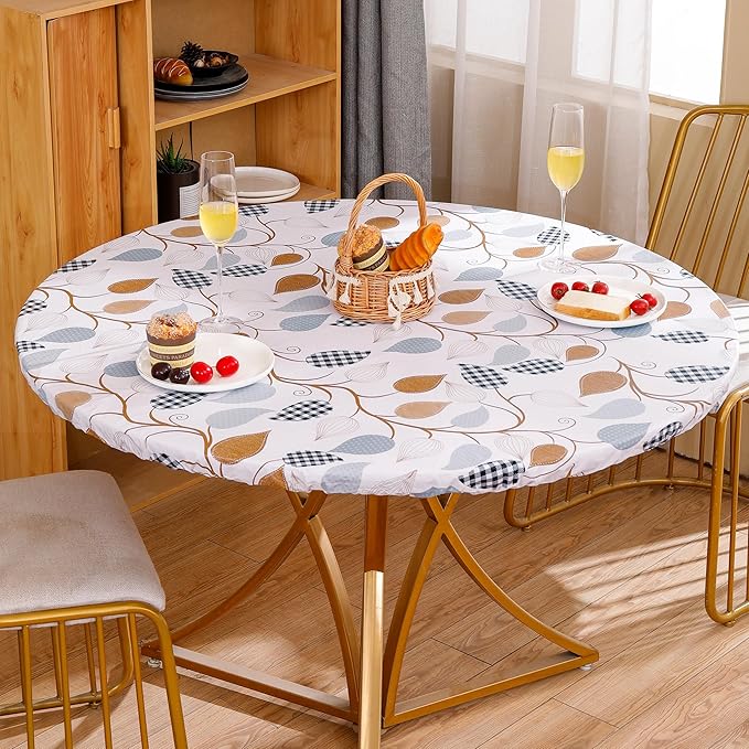 Walrus Round Vinyl Fitted Tablecloth with Flannel Backing Elastic Edge Design Table Cover Waterproof Oil-Proof PVC Table Cloth Stain-Resistant Best for 32"-36" Round
