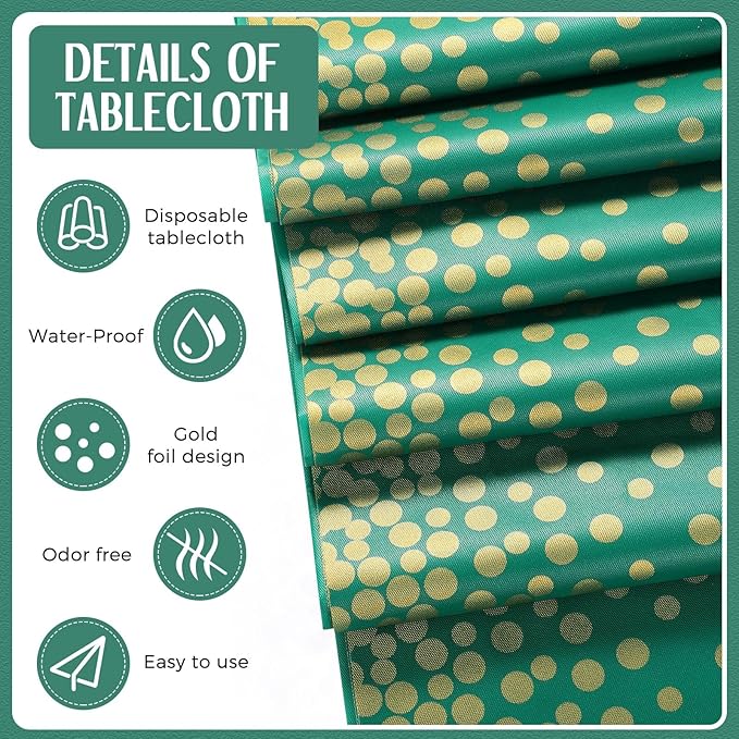 Breling 24 Pack Green and Gold Disposable Plastic Tablecloths and Satin Table Runner Set, 54 x 108 Inch Tablecloth, 12 x 108 Inch Table Runners for Wedding Graduation Birthday Baby Shower New Year