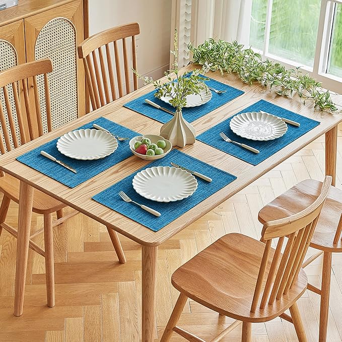 Softalker Faux Linen Placemats Set of 12-12 x 18 Inch, Heat Resistant Double Layered Durable Burlap Farmhouse Place Mats, Non-Slip Washable Rustic Table Mats for Dining, Kitchen, Party（Sky Blue
