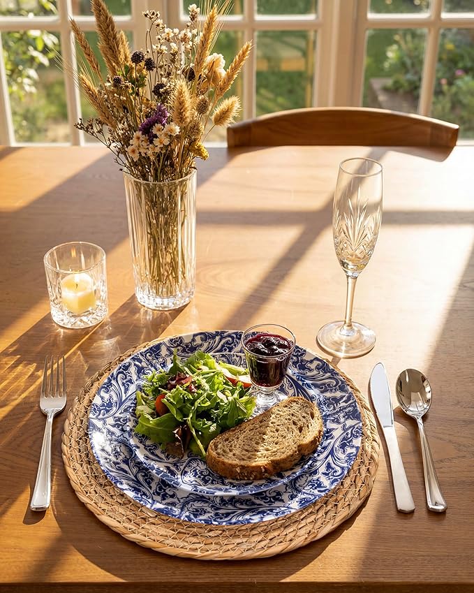 Hioasis 60pcs Plastic Disposable Plates Set - Blue Dandelion & Blue Leaf Pattern, 10.25 Dinner & 7.5 Dessert Plates for Wedding,Anniversary,Party and Holiday