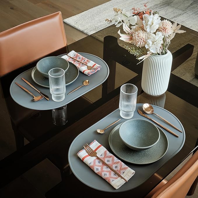 LINE+ARC Waterproof, Stain-Resistant, Heat-Safe Silicone Degrē Placemats (20.5x13, Set of 2 Terracotta) 3mm-High Rim Adults Babies Easy-to-Clean Washable Oval Modern Non-Slip Dining Table Mats