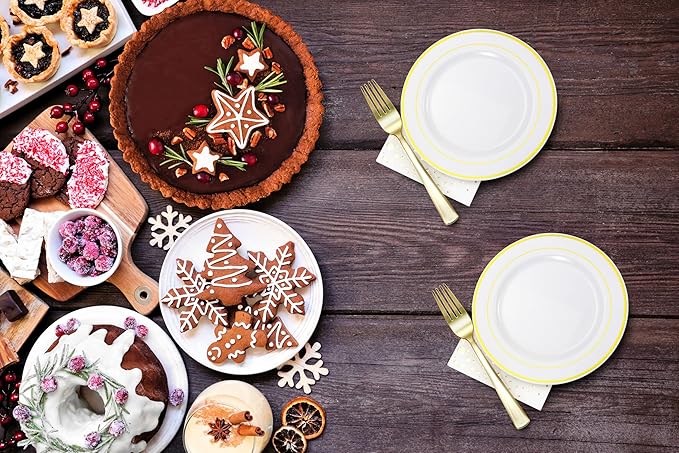 The Essential Concierge Stylish 7.5 Inch Gold Dessert Plates with Disposable Cups, Forks and Cocktail Napkins (100 Set) - White and Gold Plastic Dessert and Cake Plates for Wedding or Receptions