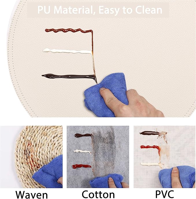 Set of 8 Faux Leather Round Placemats and Coasters, Coffee Mats Kitchen Table Mats, Waterproof, Easy to Clean for Kitchen Dining Round Table, 13 inch Beige