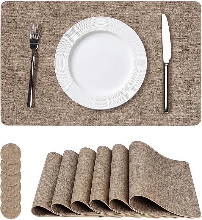 Vinyl Placemats Set of 6, Faux Leather Waterproof and Heat Resistant Place Mats, Washable Anti-Slip Table Mats with Coaster, Wipeable Placemats for Indoor & Outdoor 17" x 12" (Light Coffee, Set of 6)