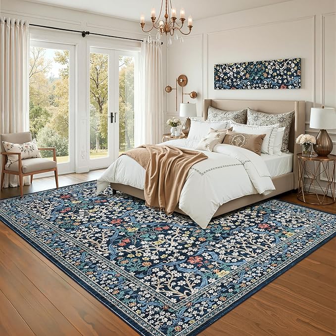 GarveeHome 6x9 Washable Area Rug for Living Room, Floral Dining Room Rugs for Under Table, Low Pile Non-Slip Stain Resistance Floor Carpet for Bedroom, Dark Blue