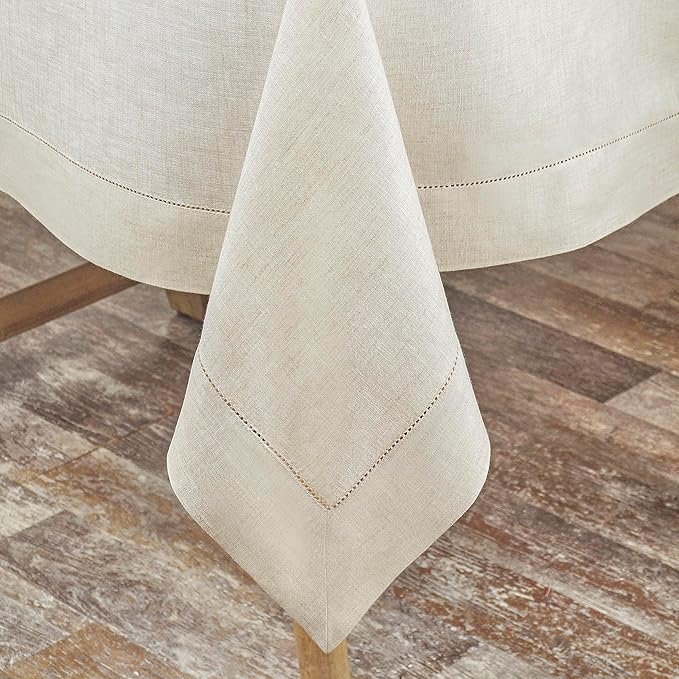 D'Moksha Homes Light Natural Linen Tablecloth for Rectangle Tables 60 x 84 Inch - Classic Hemstitch 100% Pure Linen Natural Table Cloth - Machine Washable Dining Tablecloth for Valentines, Easter