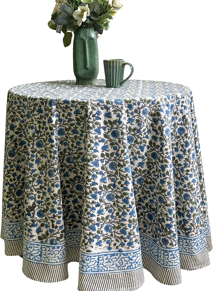 ATOSII Lake Como 100% Cotton Summer Round Tablecloth, Block Print Table Cloth for Dining, Weddings, Outdoors, Parties I Grand Millenial Farmhouse Coastal Boho Home Decor I 72" Inches 4 Seater