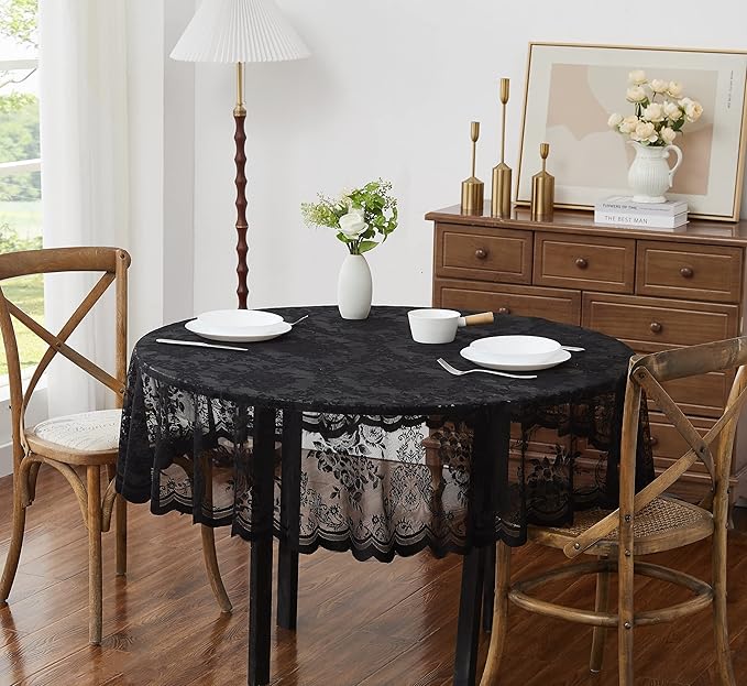 Warm Home Designs 70 Inch Round Tablecloth with English Rose Design. Use as Circle Tablecloth, Rustic Tablecloth or as Elegant Lace Table Cloth. Black Table Clothes for 4-6 Guests. LTC Black 70"