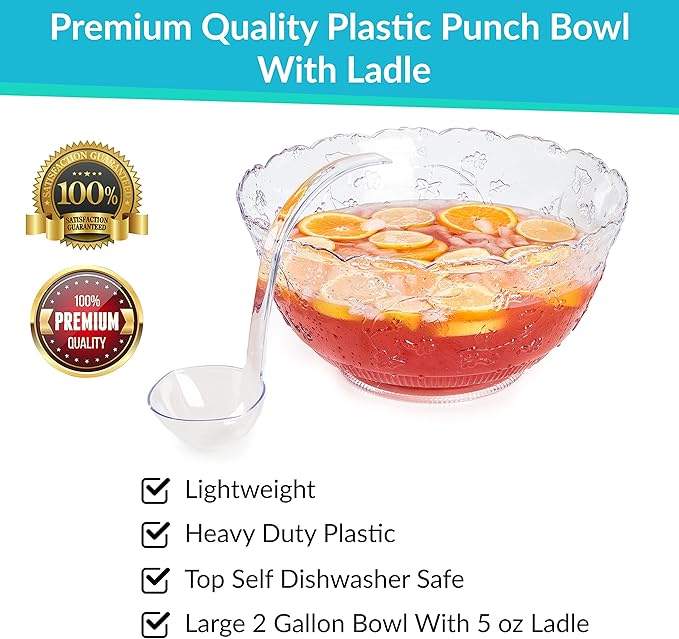 Premium Quality Plastic Punch Bowl With Ladle - Large 2 Gallon Bowl With 5 oz Ladle by Upper Midland Products