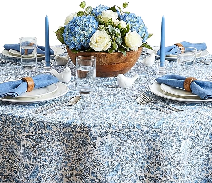 ATOSII Cotton Tablecloth 72" Inches Round Butterfly Blue