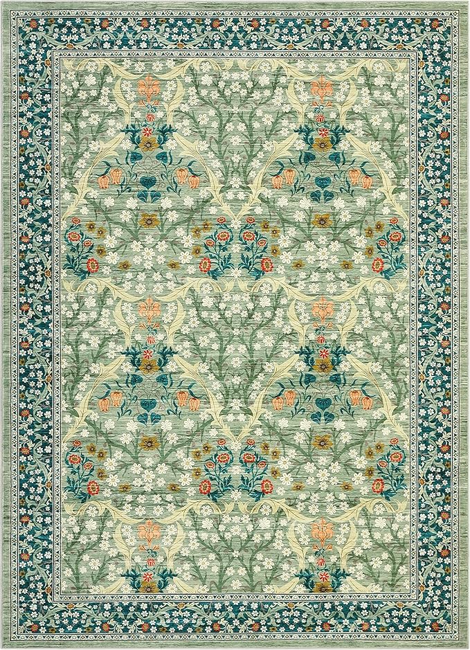 GarveeHome Floral Area Rugs 5x7, Sage Green Washable Rug for Living Room, Bedroom, Low Pile Non Slip Stain Resistance Indoor Boho Carpet Mat for Farmhouse, Dining Room, Office