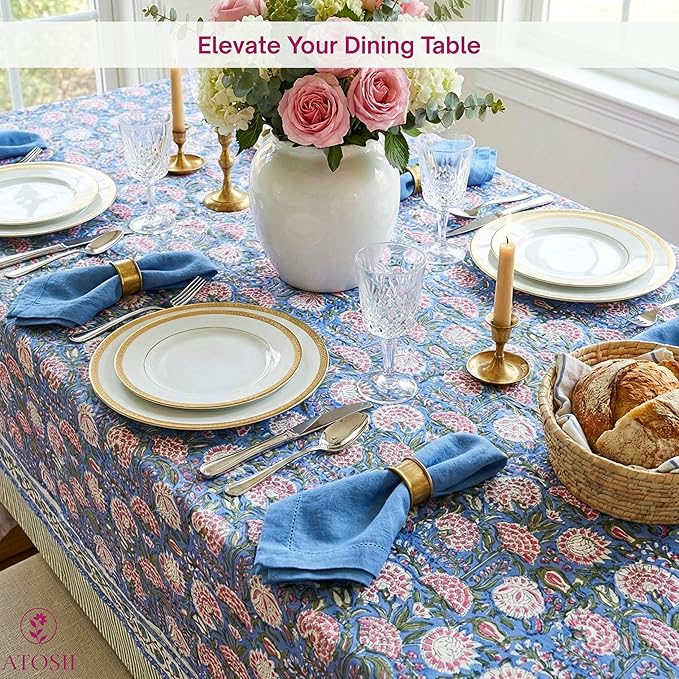 ATOSII Clover Pink 100% Cotton Square Boho Fall Tablecloth, Handblock Floral Table Cloth Linen for Kitchen Dining I Parties Wedding Outdoors Picnic Easter I Home Decor 60 X 60 Inches I 4 Seater