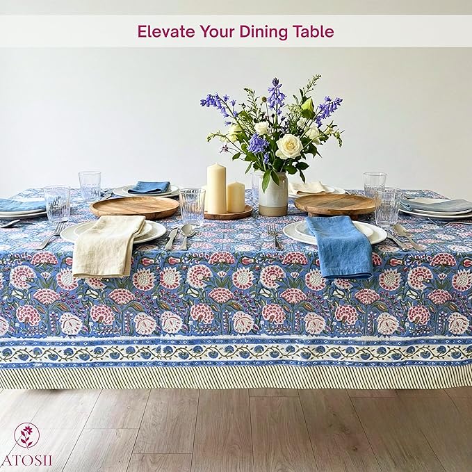 ATOSII Clover Pink 100% Cotton Rectangle Boho Fall Tablecloth, Handblock Floral Table Cloth Linen for Kitchen Dining I Parties Wedding Outdoors Christmas Thanksgiving I 72 X 108 Inches I 8 Seater